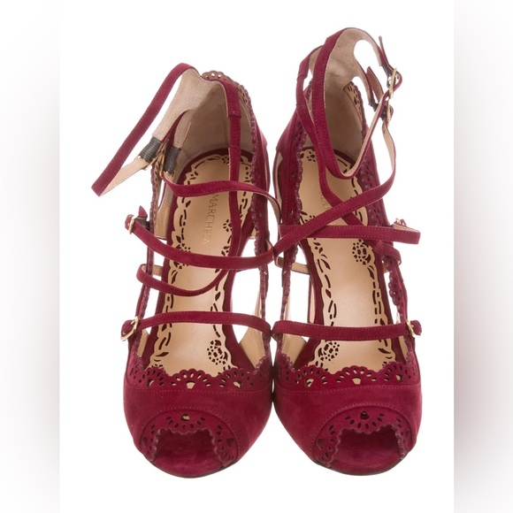 Purple suede Marchesa Marina pumps w/ laser-cut motif. - Picture 2 of 5